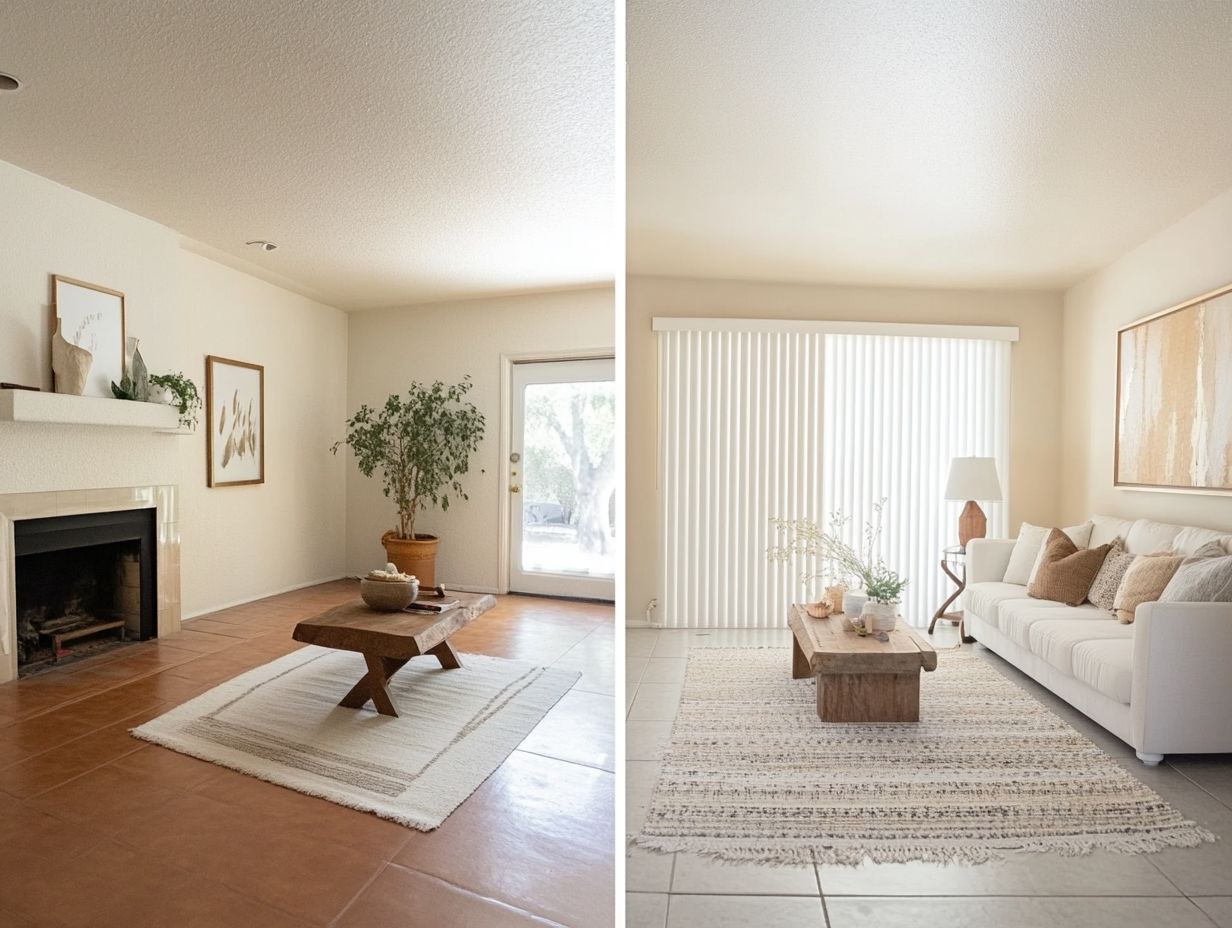 Before and after home staging transformation showcasing a cozy atmosphere